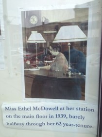 Miss McDowell, from a display, in a Main Avenue storefront, celebrating 200 years of the Ashtabula  Library.